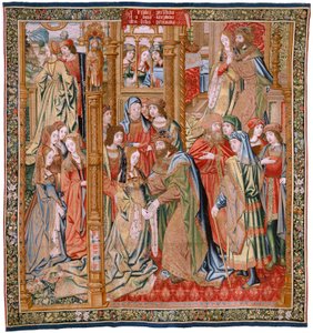 Vlaams wandtapijt. Serie De geschiedenis van David en Bathseba. Huwelijk van David en Bathseba. Tweede paneel van de serie. Model Anoniem. Manufacture Onbekend, Brussel. 1505. Stof Goud, zijde en wol.