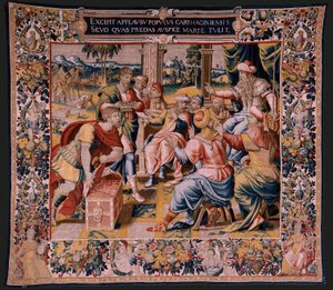 Vlaams wandtapijt. Serie De Geschiedenis van Hannibal. Mago, Hannibals boodschapper, in Carthago. Vijfde wandtapijt van de bewaarde. Modellen Anonieme meester van Nederland. Brusselse manufacture, werkplaats. Ca 1570. Fab