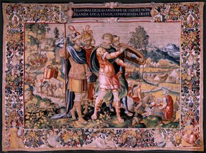 Vlaamse wandtapijt. Serie De Geschiedenis van Hannibal. De oversteek van de Alpen. Tweede wandtapijt van de bewaarde. Anonieme meester van Nederland. Brussel, ca. 1570. Wol en zijde door Flemish School