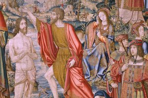 Vlaamse wandtapijt. Serie De geschiedenis van Johannes de Doper: De doop van Christus. Atelier van Brussel. 1515-1520. door Flemish School