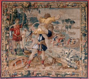 Vlaamse wandtapijt. Serie De werken van Hercules. Hercules en Antaeus. Vierde wandtapijt in de bestaande serie. Model Onbekend. Atelier Willem Dermoyen, Brussel. Ca 1528. Stof Zijde en wol. Afmeting 362 x 403 cm. Locatie Koninklijk Paleis door Flemish School