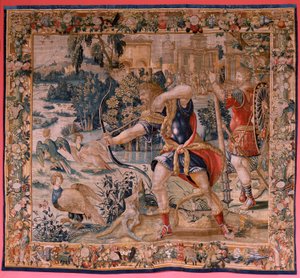 Vlaamse wandtapijt. Serie De werken van Hercules. Hercules en de Stymphalische vogels. Eerste wandtapijt in de bestaande serie. Model onbekend. Fabrikant Willem Dermoyen, Brussel. Ca 1528. door Flemish School