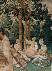 Vlaamse wandtapijt. Serie De Werken van Hercules. Hercules in de Tuin van de Hesperiden. Vijfde wandtapijt in de bestaande serie. Model Onbekend. Fabrikant Willem Dermoyen, Brussel. Ca 1528.