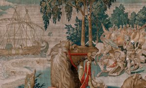 Vlaamse wandtapijt. Serie De werken van Hercules. De paarden van Diomedes. Derde wandtapijt in de bestaande serie. Model onbekend. Fabriek Willem Dermoyen, Brussel. Ca 1528.