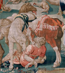Vlaamse wandtapijt. Serie De werken van Hercules. De paarden van Diomedes. Derde wandtapijt in de bestaande serie. Model onbekend. Fabriek Willem Dermoyen, Brussel. Ca 1528. door Flemish School