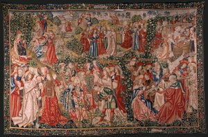 Vlaams wandtapijt. Serie De gelijkenis van de arbeiders in de wijngaard. De oproep aan de arbeiders. Eerste wandtapijt in de serie. Manufacture Brussel, Pieter van Aelst’s ateliers (?). Ca 1500. Stof Zijde en wol, 6 scheringen per cm. door Flemish School