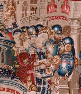 Vlaamse wandtapijt. Serie De Trojaanse Oorlog. De vernietiging van Troje. Elfde wandtapijt in de serie. Model Coëtivy Meester (Henry of Conrard de Vulcop). Fabrikant Tournai werkplaatsen. Ca 1470. door Flemish School