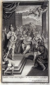 Jupiter stuurt twee adelaars: een ziener verklaart dit wonder. Illustratie voor boek II van de Odyssee van Homeros, gepubliceerd in Amsterdam in 1731, privécollectie Milaan door Flemish School