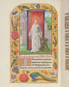 St. Bernard in een cisterciënzer habijt met een geketende duivel achter hem, uit een Getijdenboek, waarschijnlijk Brugge, ca.1500-05