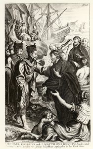 Michael Rogerius (1543-1607) en Matthaeus Riccius (1552-1610) arriveren aan de kust van China, illustratie uit een kerkgeschiedenis door P. Cornelius Hazart, gepubliceerd in Antwerpen, 1668 door Flemish School