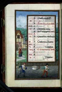 Ms 1058-1975 f.10v Twee mannen die graan zaaien, verlichte kalenderpagina voor oktober, uit een Getijdenboek, ca.1500
