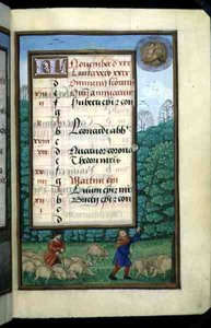 Ms 1058-1975 f.11r Varkens hoeden en eiken slaan, verlichte kalenderpagina voor november, uit een Getijdenboek, ca.1500 (perkament) door Flemish School
