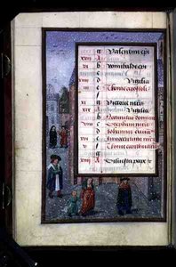 Ms 1058-1975 f12v Sneeuw in een straat, verlichte kalenderpagina voor december, uit een Getijdenboek, c.1500 (perkament) door Flemish School
