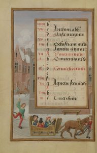 Ms 1058-1975 f1v Straatscène in de sneeuw, verlichte kalenderpagina voor januari, uit een getijdenboek, ca. 1500 door Flemish School