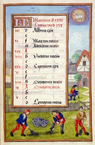 Graven en bomen planten, kalenderpagina voor maart, uit een Getijdenboek, ca. 1500 door Flemish School