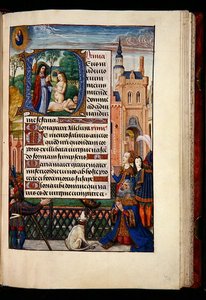 Ms 1058-1975, f.74r: Koning David bidt tot de Maagd en het Kind en een gehistorieerde initiaal D die de schepping van Eva uitbeeldt, uit een Getijdenboek, Brugge, c.1510
