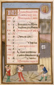 Graan dorsen in de schuur, kalenderpagina voor augustus, uit een Getijdenboek, ca. 1500 door Flemish School