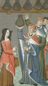 Vrouw met mand brengt urinalis magnus, uit De Medina Fen I. II, door Avicenna (980-1037) door Flemish School