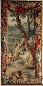 Paleis (Schlossanlage Schleißheim). Vlaamse wandtapijt. Brussel atelier Judocus De Vos. Ontwerp Lambert De Hondt. Maximiliaan II Emanuel en twee infanteristen. Wol en zijde. Ca 1715 - 1724 door Flemish School
