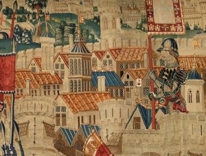 Parochiemuseum van wandtapijten. Vlaamse wandtapijt. De inname van Tanger. Serie Veroveringen van koning Alfonso I van Portugal. Tournai. Wol en zijde. door Flemish School