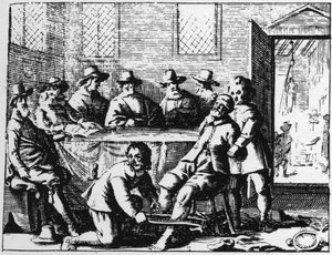 Straf van de Tincers opgelegd aan een tovenaar - gravure uit 1725 in 