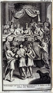 Telemachus wordt ontvangen in Lacedemonië in het paleis van Menelaos met Pisistratus. Illustratie voor boek IV van de Odyssee van Homeros, gepubliceerd in Amsterdam in 1731, Milaan