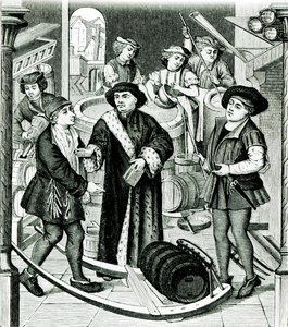 De bisschop van Doornik ontvangt de tiende van bier verleend door koning Chilperic, naar een raam van de kathedraal van Doornik
