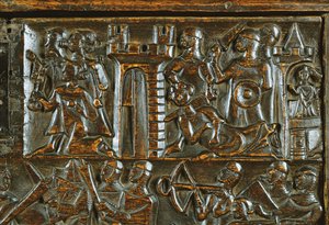 De Kortrijkse Kist met Vlaamse voetsoldaten die Franse cavalerie verslaan (detail)