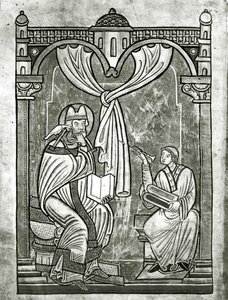 De extase van St. Gregorius (c.540-604) gezien door de diaken Peter door een gordijn doorboord door zijn stilet door Flemish School