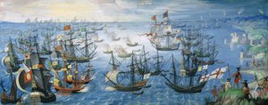 Het lanceren van Engelse branders op de Spaanse vloot bij Calais met koningin Elizabeth I (1533-1603) te paard aan de kust, in de nacht van 7 augustus 1588, ca. 1605