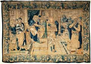De universiteitscollecties. Vlaamse wandtapijt. Mozes breekt de kroon van de farao. Oudenaarde. Ca 1550.