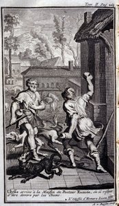 Ulysses arriveert bij het huis van herder Eumee, of hij kan door honden worden aangevallen. Illustratie voor boek XIV van de Odyssee van Homerus, in de Odyssee, gepubliceerd in Amsterdam in 1731, Privécollectie Milaan. door Flemish School
