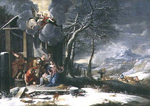 Winterlandschap met Geboorte door Flemish School