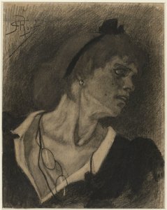 Borstbeeld van een vrouw met lorgnet aan een snoer om de hals door Félicien Rops
