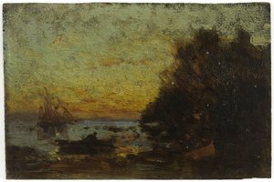 Boot en zeilboten, zonsondergang. Op de keerzijde: Marine