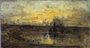 Bocht van de rivier (voorzijde); drie studies (achterzijde), tussen 1850 en 1860 door Félix Ziem
