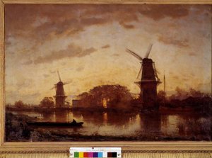 De oevers van de Amstel Rivier landschap met molens in Nederland. Schilderij door Felix Ziem (1821-1911). 1852. Zon 1,01 X 1,50 m. Bordeaux, Museum voor Schone Kunsten