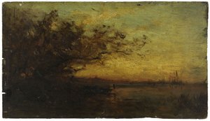 Water, ondergaande zon. Op de keerzijde: Twee studies