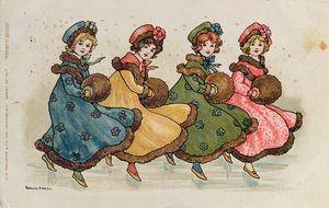 Vier jonge meisjes met mofjes door Florence Hardy