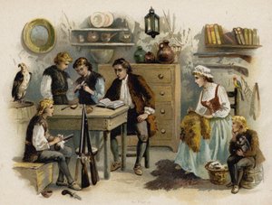 Scène uit De Zwitserse Familie Robinson: Vader leest voor aan de familie in Rock Castle