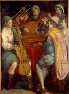 Concert. Luitmuzikanten, epinette, trombone en viola da gamba. Anoniem schilderij van de Florentijnse School 1550-1600 door Florentine School