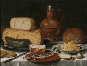 Stilleven met kaas, haring, brood en wijn