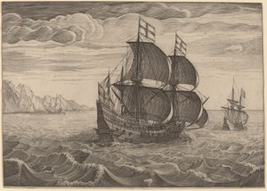 Schip in Volle Zeil met Twee Vlaggen
