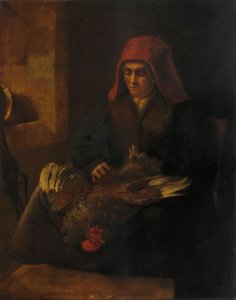 Oude vrouw die een vogel plukt