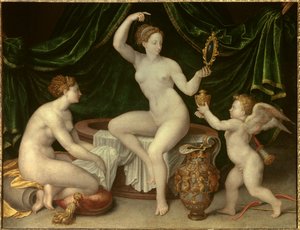 Venus heeft zijn toilet. Schilderij van de School van Fontainebleau. 16e eeuw. Dim. 0,97 x 1,26 m. Louvre Museum, Parijs