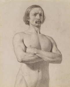 Academische naaktstudie, halflang met snor en armen gekruist, 1849