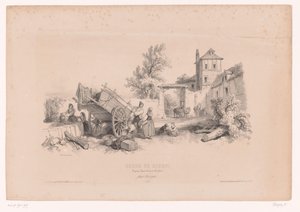 Boerderij met waterput, hooiwagen en diverse figuren