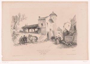 Dorpsstraat met paarden en diverse figuren door Fortuné Ferogio