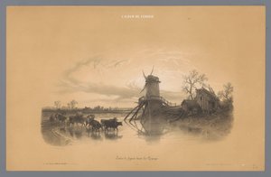 Molen met mensen en dieren die door het water waden