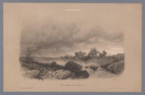 Reizigers en koeien aan een beek in een landschap